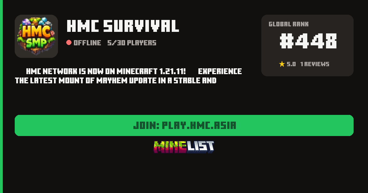 HMC Survival Minecraft Server IP, Reviews and Vote Link
