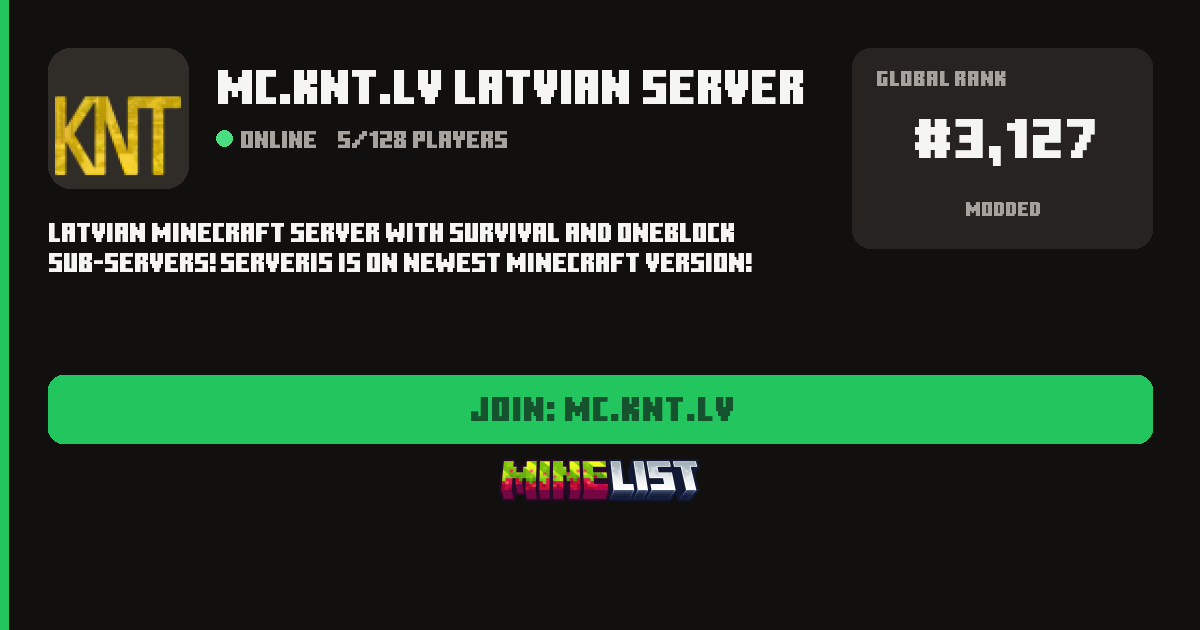 MC.KNT.LV Latvian server Minecraft Server IP, Website Link and Vote Link