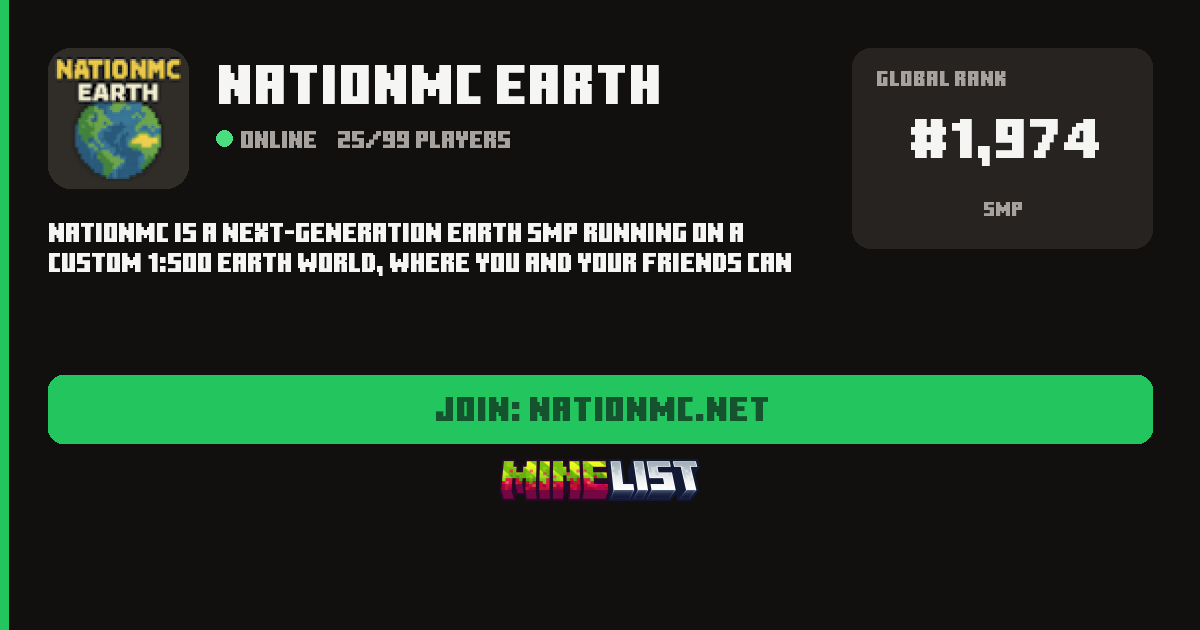 NationMC Earth Minecraft Server IP, Discord, Website Link and Vote Link