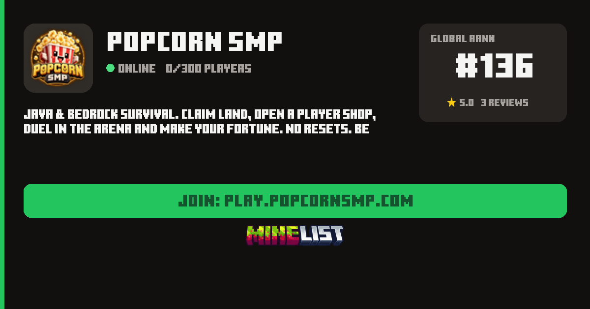 Popcorn SMP Minecraft Server IP, Discord, Store and Vote Link