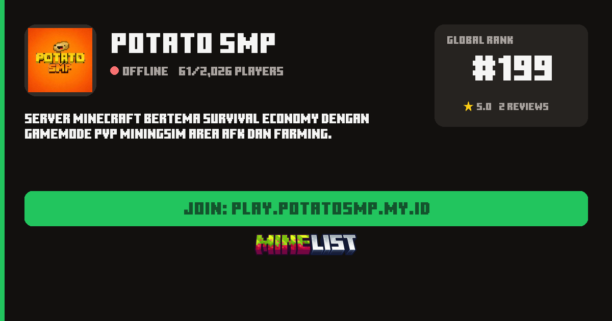 Potato SMP Minecraft Server IP, Reviews and Vote Link