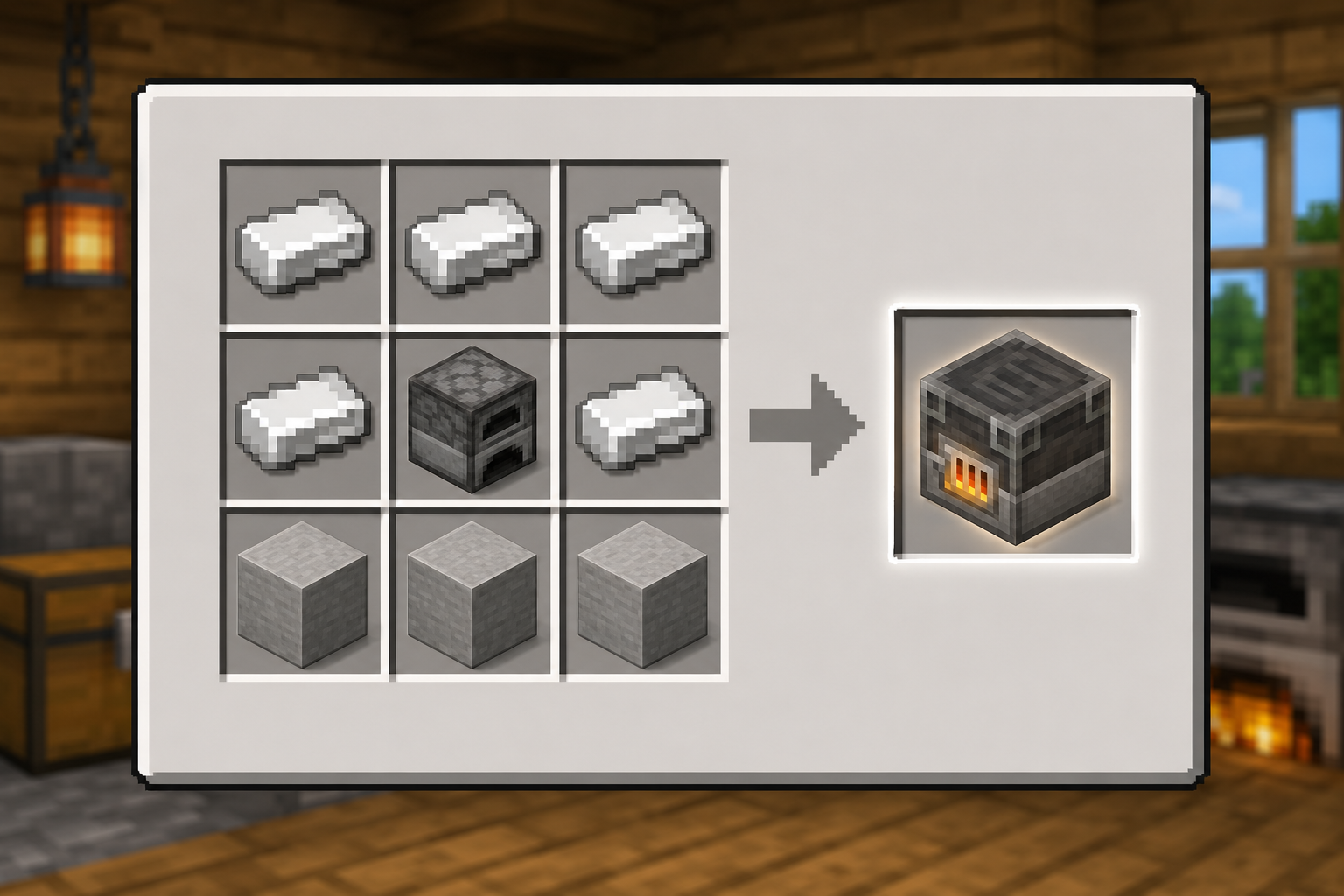 Minecraft crafting table showing the blast furnace recipe with iron ingots on top and sides, a furnace in the center, and smooth stone along the bottom row.