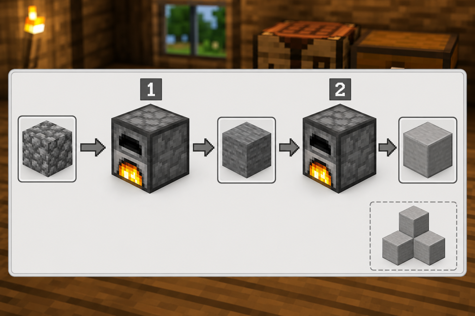 Regular furnace smelting cobblestone into stone and then stone into smooth stone for the Minecraft blast furnace recipe.