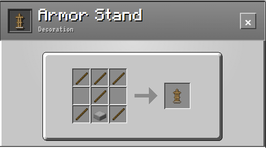 Crafting table UI showing the armor stand recipe with six sticks and a smooth stone slab placed in the exact 3×3 slots.