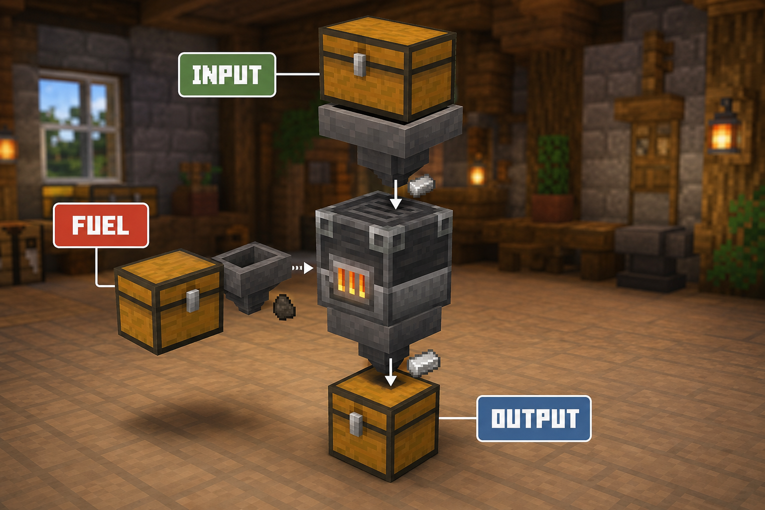 Automatic Minecraft blast furnace setup with an input chest feeding the top, fuel feeding the side, and an output chest below.