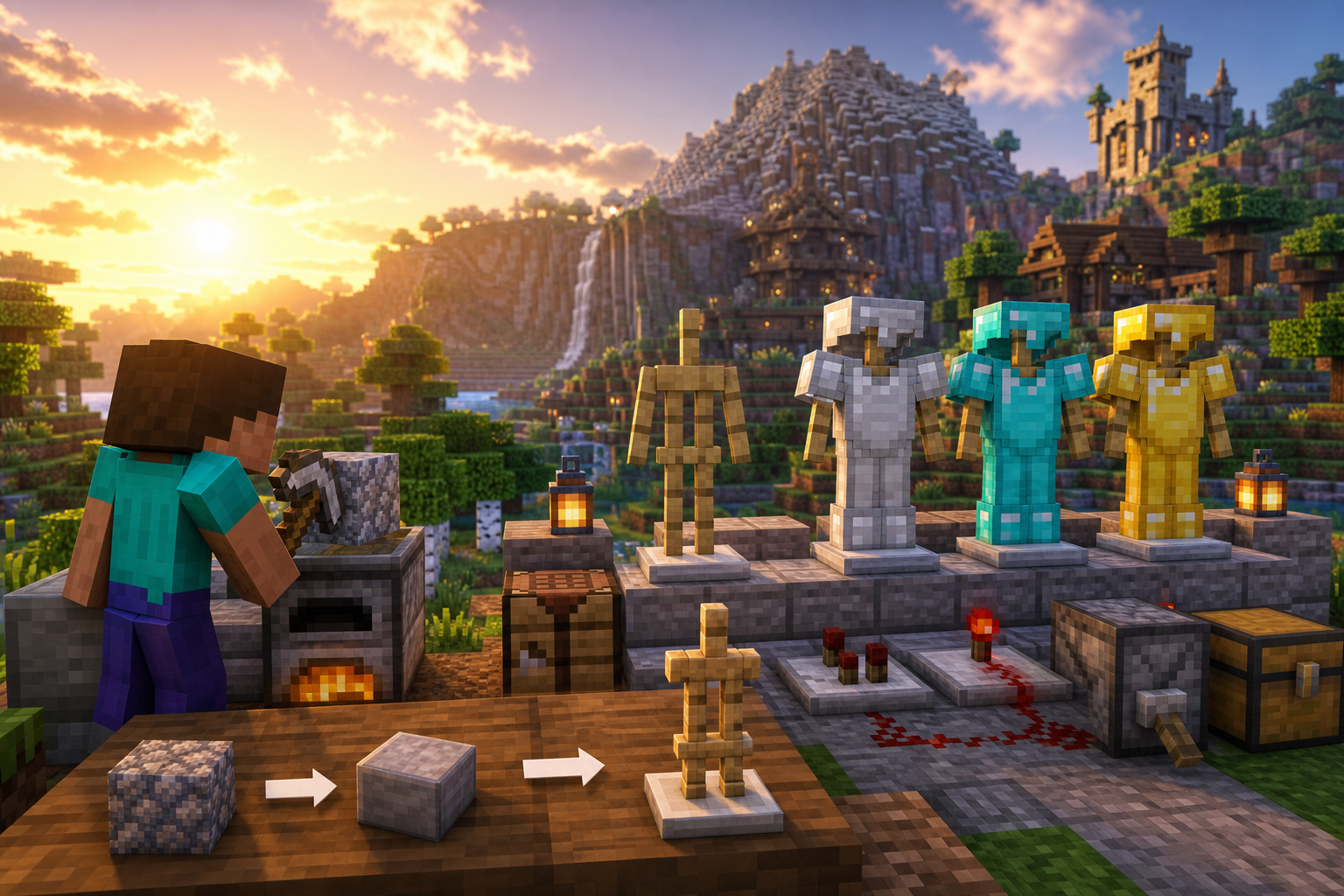 Player crafting an armor stand with sticks and a smooth stone slab at a crafting table, while nearby furnaces and a dispenser kit station sit ready.