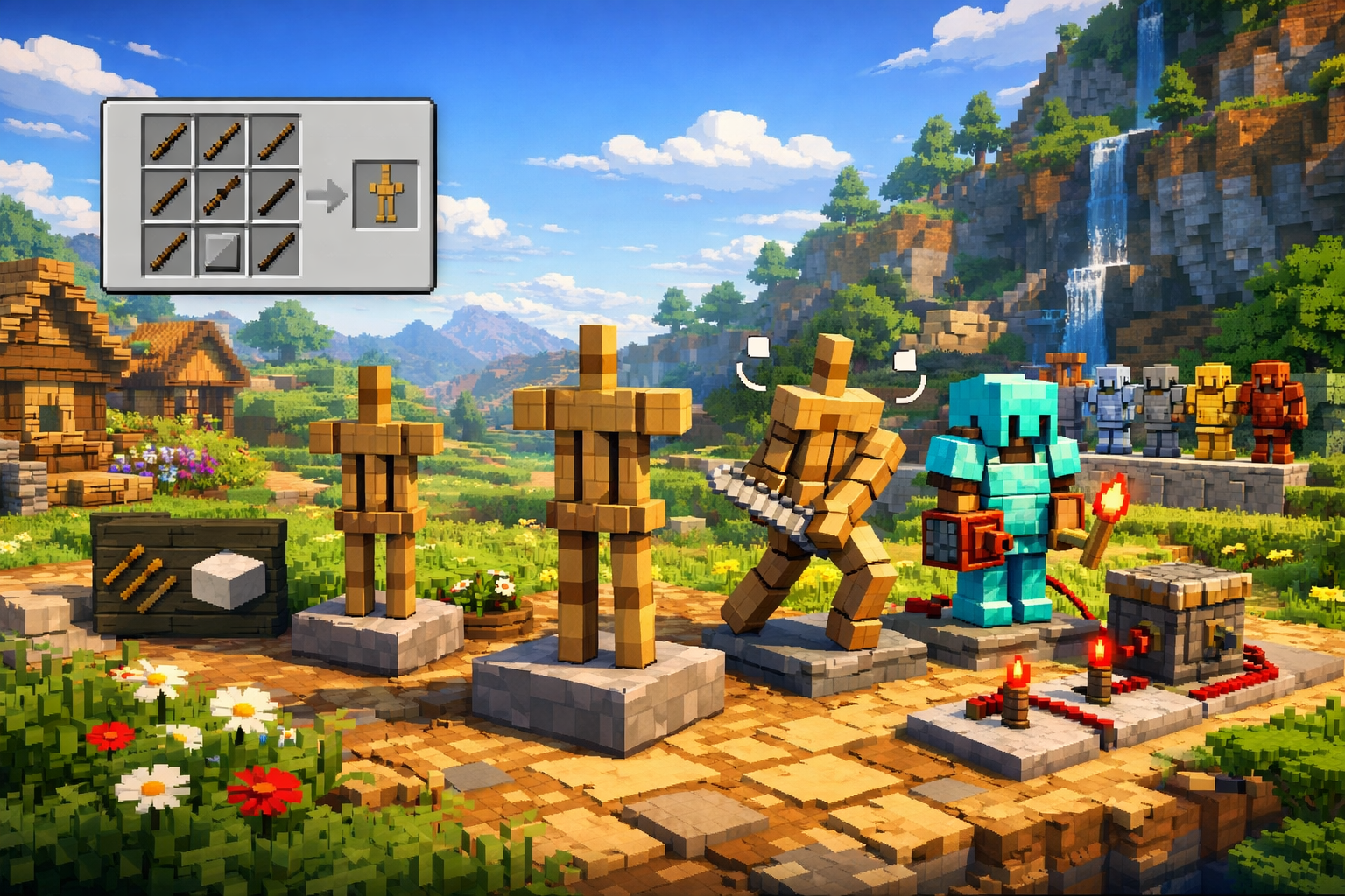 Crafting table interface with sticks and a smooth stone slab arranged to craft a Minecraft armor stand