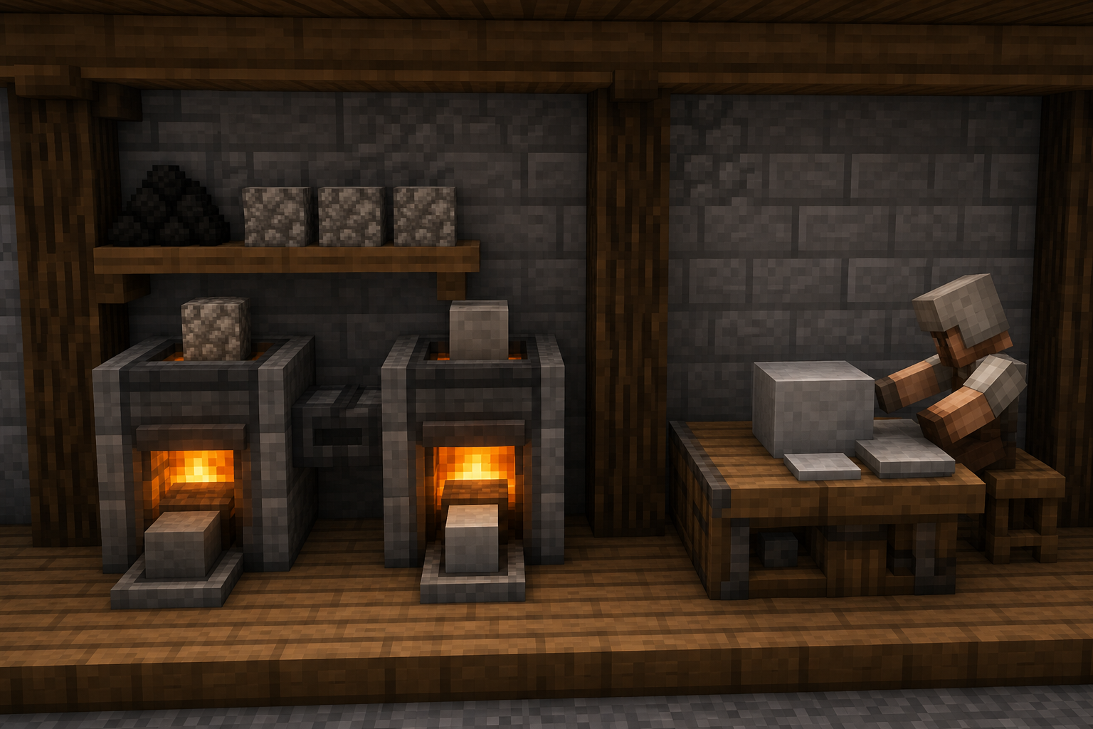 Two-step furnace smelting from cobblestone to stone to smooth stone, with a stonecutter producing two smooth stone slabs from one block.