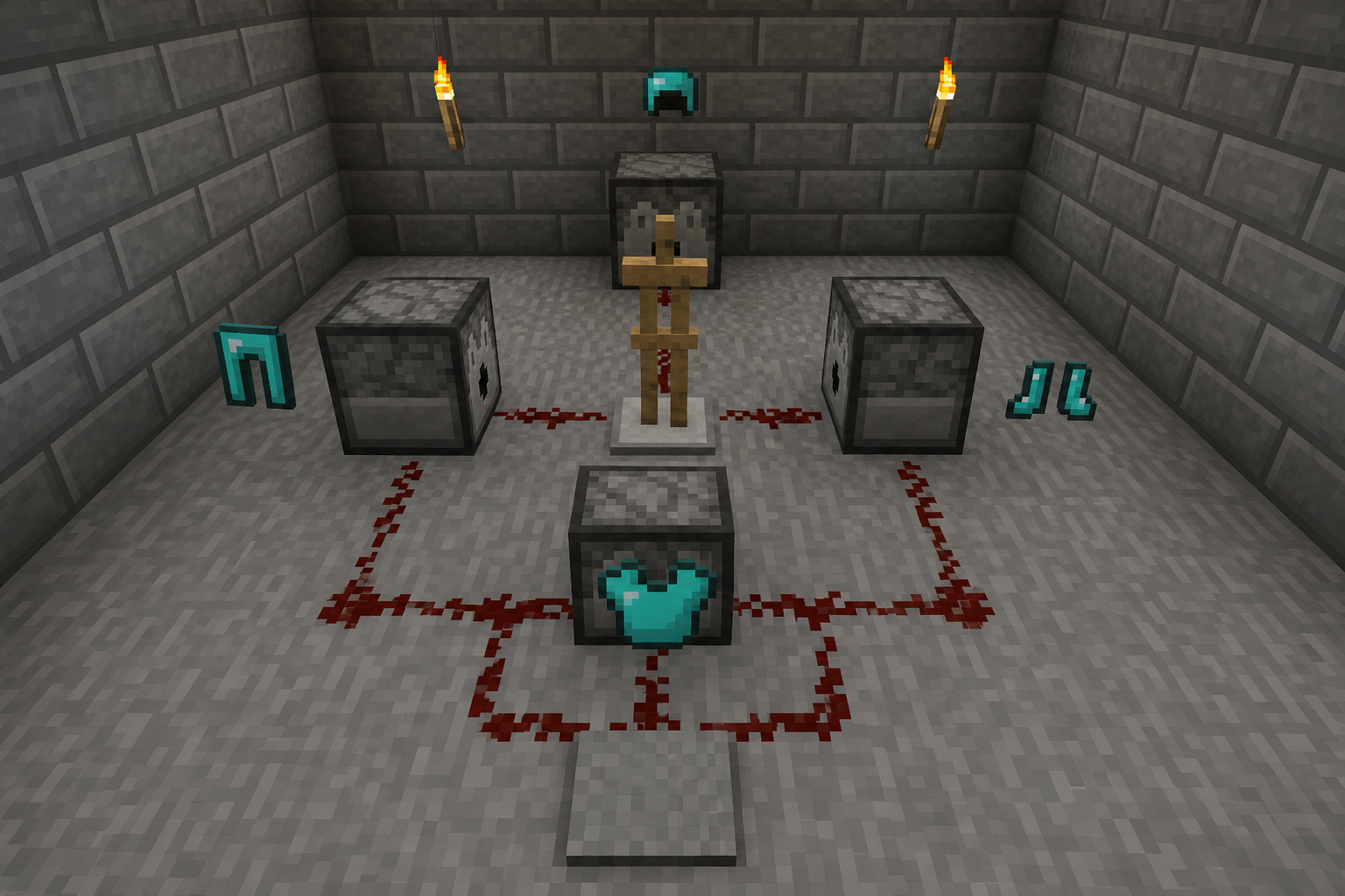Pressure plate wired to four dispensers facing an armor stand to equip helmet, chestplate or elytra, leggings, and boots automatically.